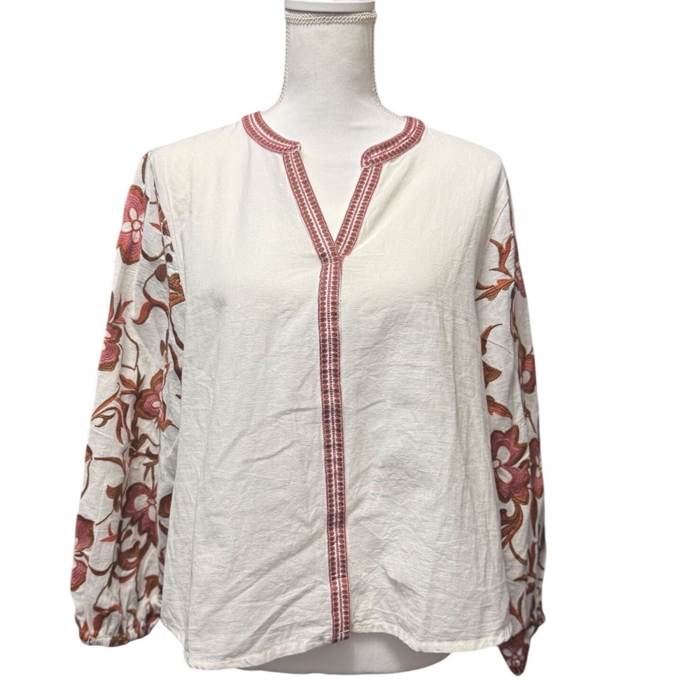 Calypso Floral Embroidered Cotton Flax Peasant Blouse White Boho Womens Largr - Picture 1 of 8